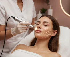 Client receiving a professional skin rejuvenation facial with advanced devices in a luxury spa setting.