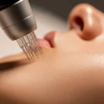 Professional microneedling treatment being performed in a modern skincare clinic, showing close-up of device and client’s face.