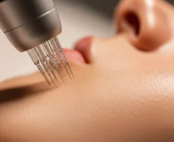 Professional microneedling treatment being performed in a modern skincare clinic, showing close-up of device and client’s face.