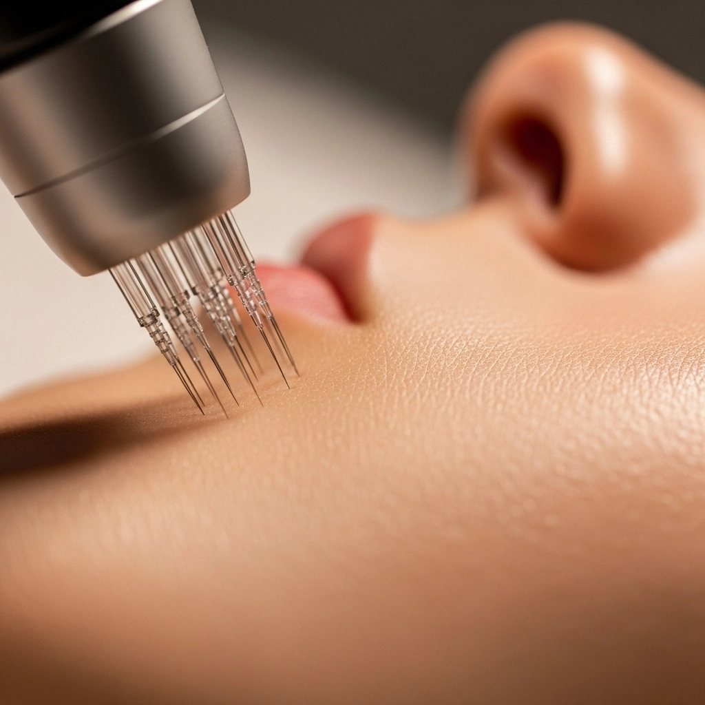 Professional microneedling treatment being performed in a modern skincare clinic, showing close-up of device and client’s face.